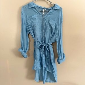 Lightweight Demin Semi Sheer Flowy Belted Rolled Cuff Casual Button Down Shirt